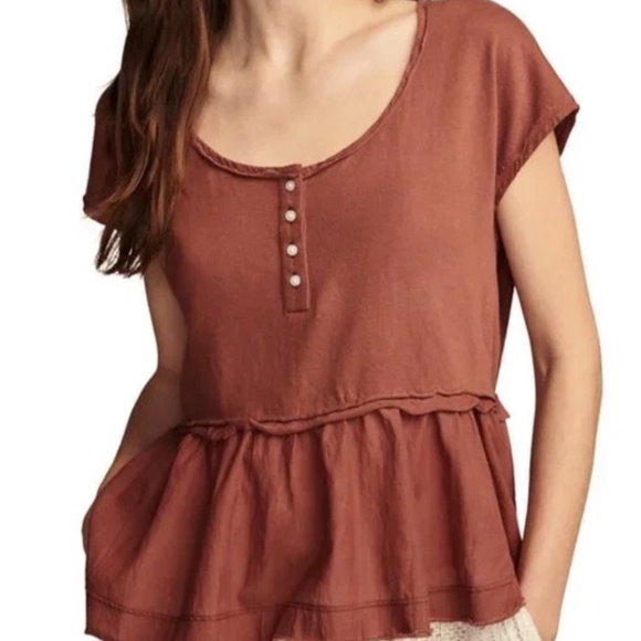 Lucky Brand Short Sleeve Peplum Henley Top, Burgundy, Size L - Picture 1 of 11